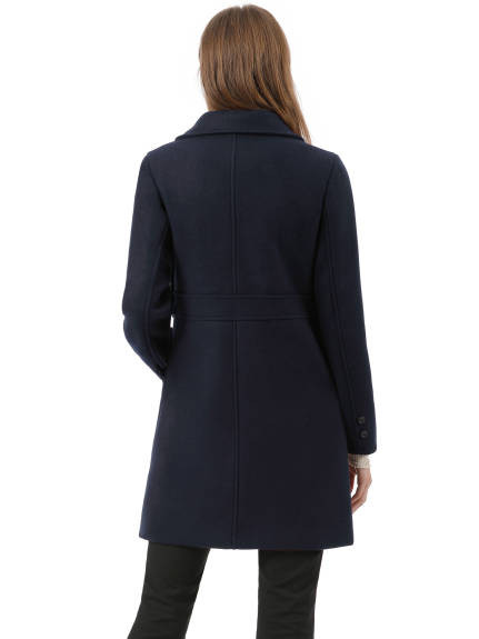 Allegra K- Notched Lapel Double Breasted Mid-Lentgh Overcoat