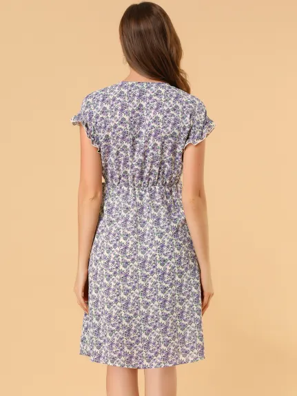 Allegra K- Floral Ruffle Sleeve Belted Midi Dress