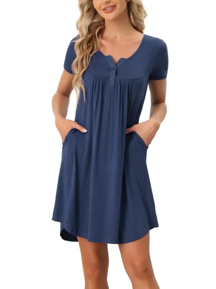 cheibear - Button with Pockets Short Sleeve Nightgown