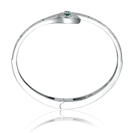 Rachel Glauber White Gold Plated with Emerald & Cubic Zirconia Snake Bypass Coil Wrap Bangle Bracelet