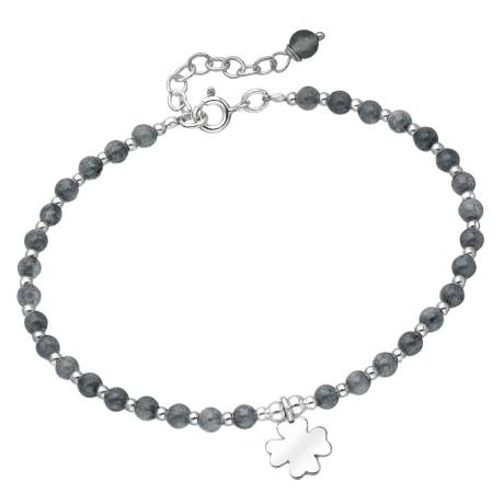 Sterling Silver Black Agate Beaded Bracelet with Clover Charm by Ag Sterling