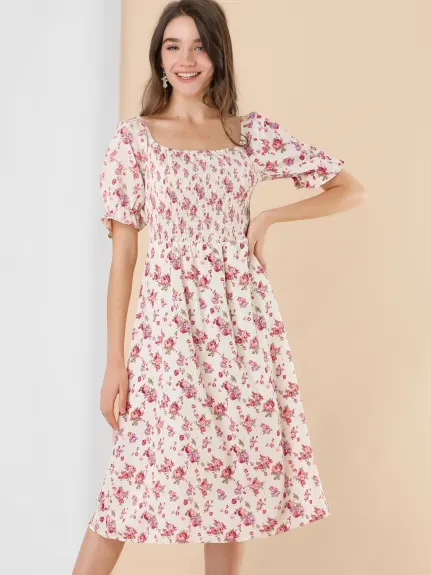 Allegra K- Square Neck Puff Sleeves Midi Smocked Floral Dress