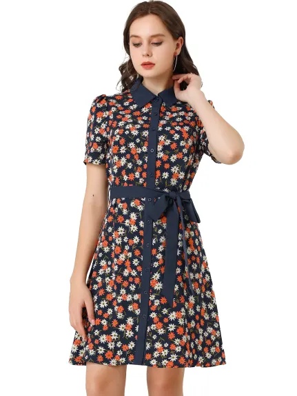 Allegra K- Short Sleeve Contrast Collar Belted Floral Shirt Dress