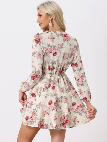 Allegra K- Button Front Tie Waist Vintage Long Sleeve Floral Dresses
