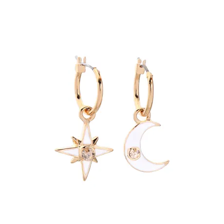Goldtone & White Asymmetrical Moon and Star Huggie Hoop Earrings - Don't AsK