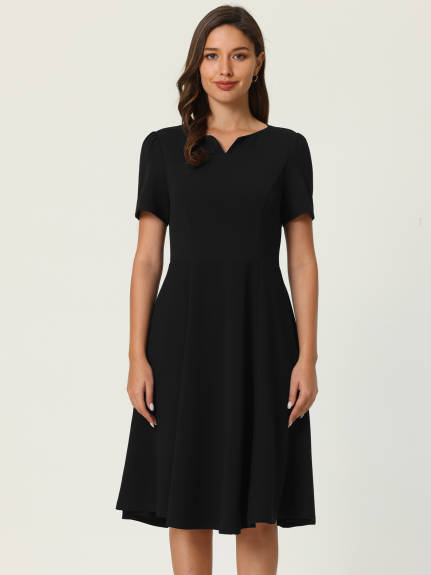 Hobemty- Split Neck Short Sleeve A-Line Dress