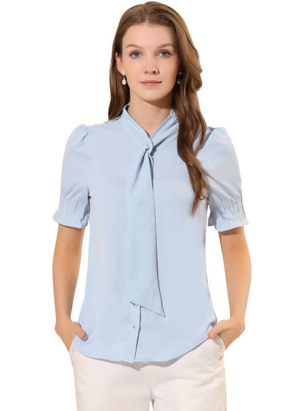 Allegra K - Tie Neck Puff Sleeve Button Down Work Shirt
