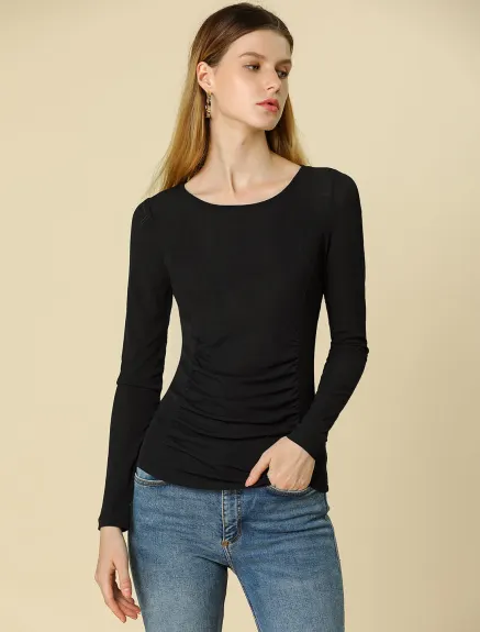 Allegra K- Round Neck Long Sleeve Solid Fitted Ruched Top