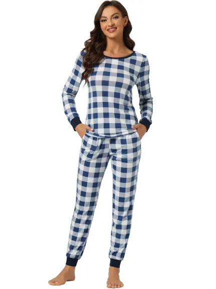cheibear - Round Neck Winter Plaid Pajamas Sets