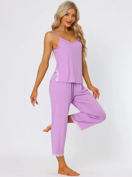 cheibear - Lace Trim Modal Cami Pajama Set