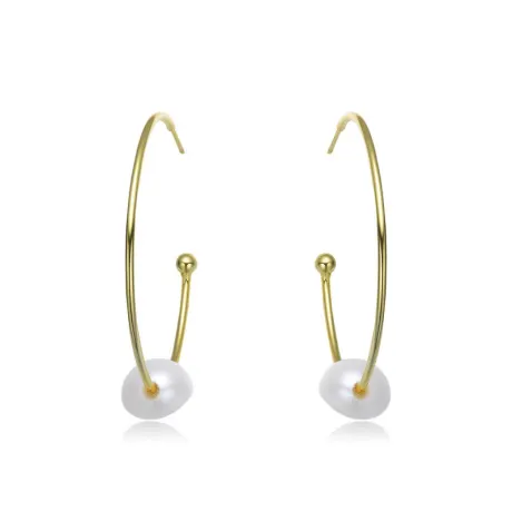 Genevive Stylish Sterling Silver with 14k Yellow Gold Plating and Genuine Freshwater Pearl Hoop Earrings