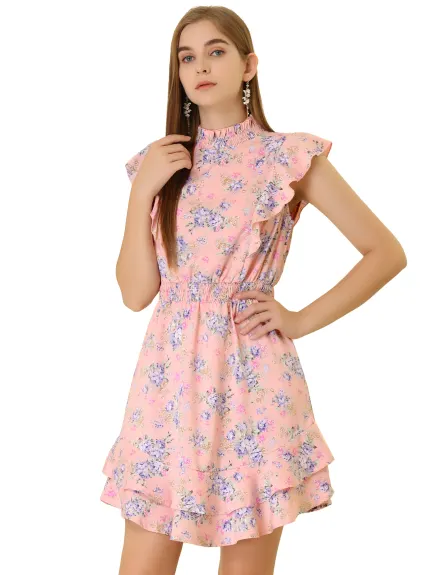 Allegra K- Floral Mock Neck Sleeveless Smocked Waist Ruffle Dress