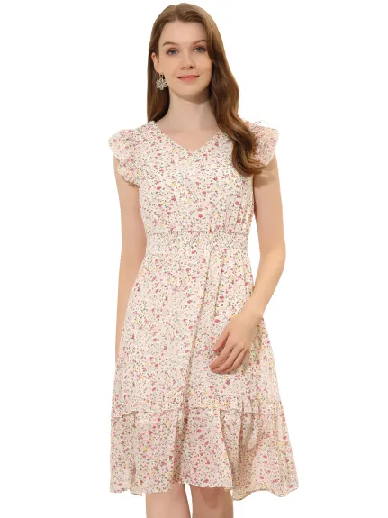 Allegra K- Floral Flutter Sleeves V Neck Smocked Ruffle Dress