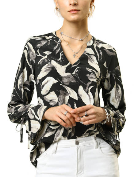 Allegra K- Floral Long Sleeve V Neck Print Tie Cuff Chiffon Vintage Blouse