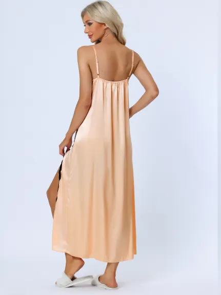 cheibear - Lace Cami Dress Maxi Long Satin Nightgown