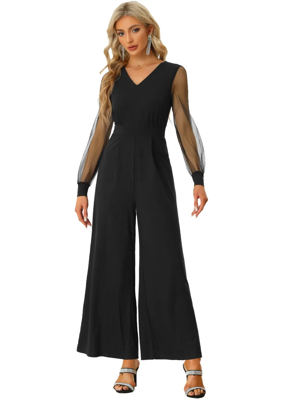 Allegra K Mesh Long Sleeve V Neck Wide Leg Jumpsuit Reitmans