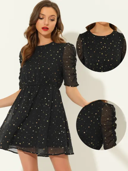 Allegra K- Chiffon Shiny Ruched Sleeve A-Line Gilding Stars Mini Dress