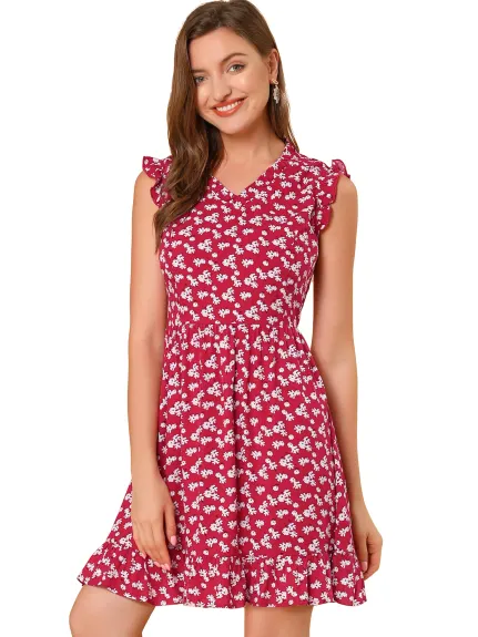 Allegra K- Floral Sleeveless A-Line Ruffle Mini Dress