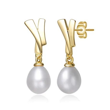 Genevive Sterling Silver 14k Yellow Gold Plated with White Pearl XOXO Hugs & Kisses Dangle Drop Earrings