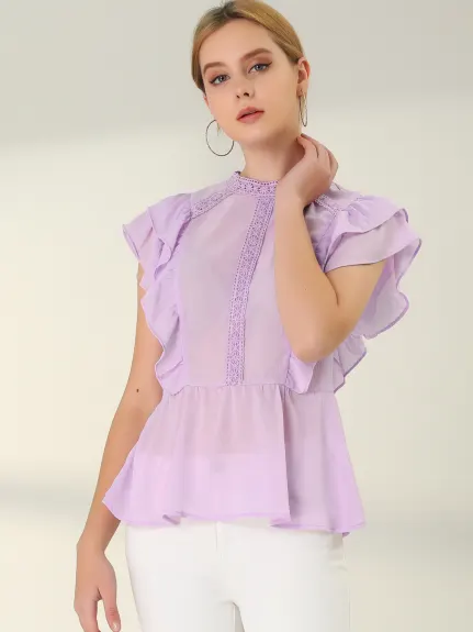 Allegra K- Short Sleeve Lace Trim Chiffon Peplum Top