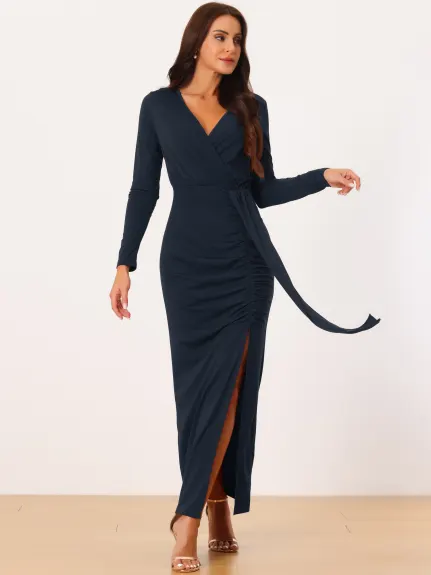 Seta T- Maxi Bodycon V Neck Draped Front Ruched Cocktail Dress with Slit