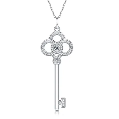 Stella Valentino Sterling Silver with 0.10ctw Lab Created Moissanite Skeleton Key Eternity Circle Pendant Necklace