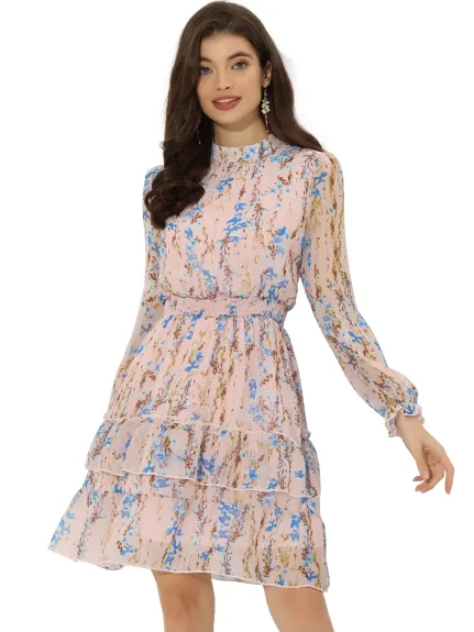 Allegra K- Floral Smocked Waist Sheer Sleeve Ruffle Layers Chiffon Dress