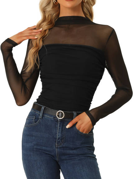 Allegra K- haut en maille transparent à manches longues confortable pour femmes