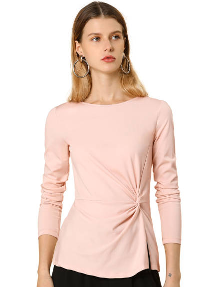 Allegra K- Round Neck Front Twist Top Ruched Long Sleeve Blouse