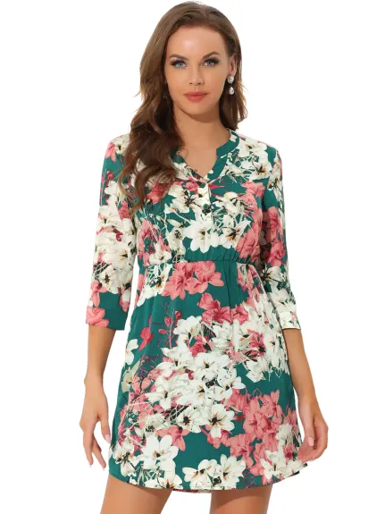 Allegra K- V Neck Floral 3/4 Sleeve Side Pocket Button Dress
