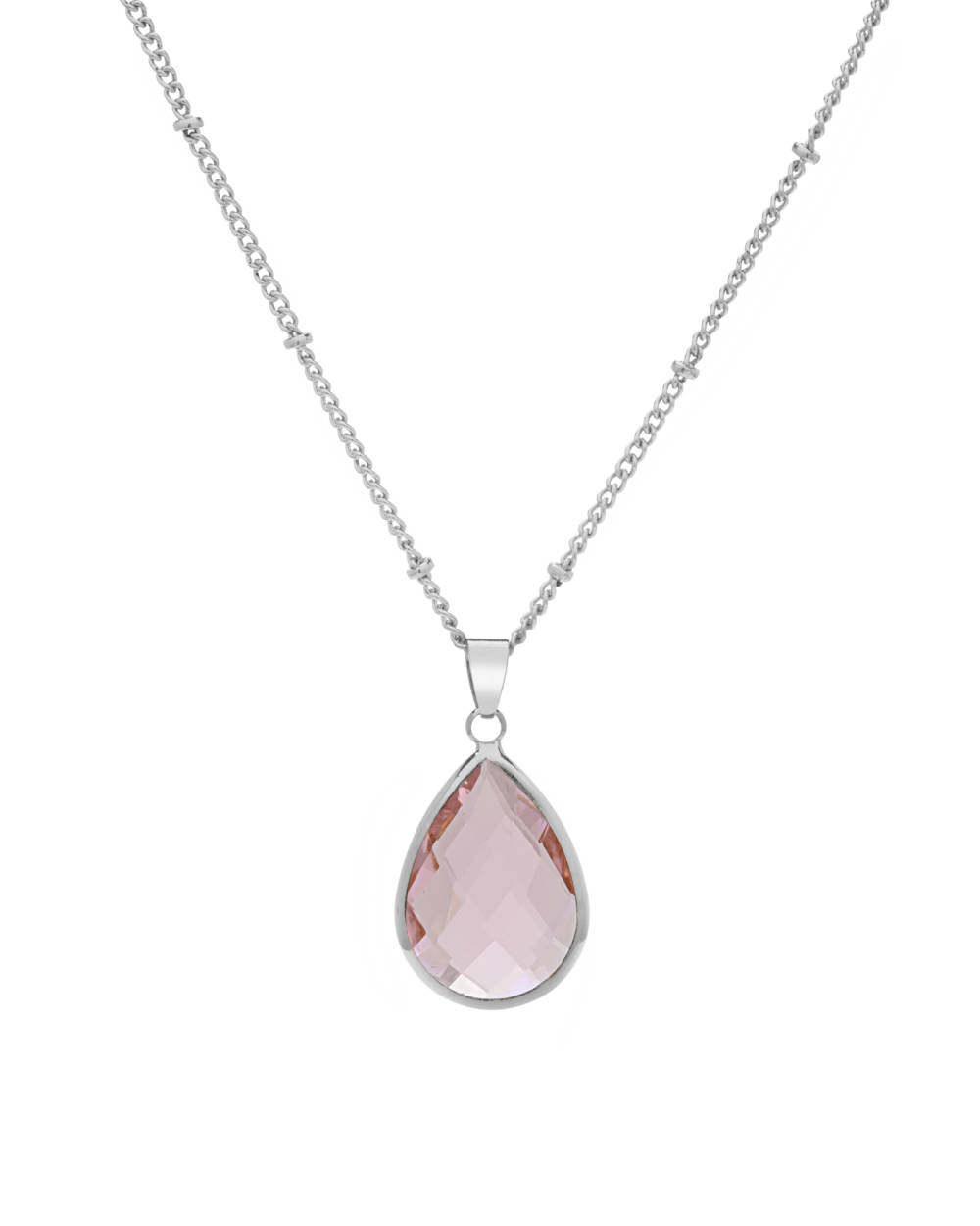 Silvertone October Light Pink Birthstone Teardrop Necklace - MICALLA