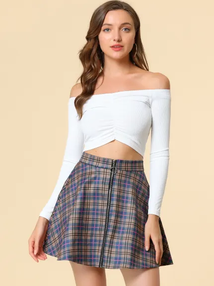 Allegra K- Plaid Zip-Up A-Line Flare Mini Skirt