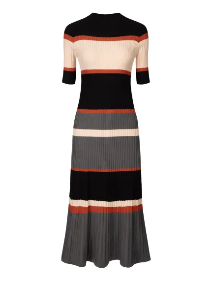 Hobemty- Short Sleeve Striped Knit A-Line Midi Dress