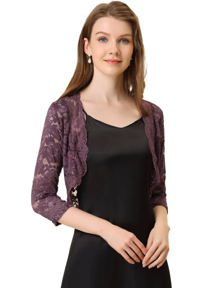 Allegra K- Women's Elegant 3/4 Sleeve Sheer Floral Lace Shrug Top