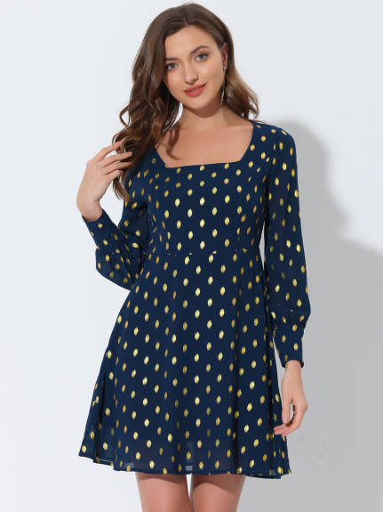 Allegra K- Vintage Square Neck Long Puff Sleeve Dots Print A-Line Dress