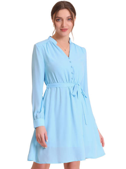 Allegra K- V Neck Button Decor Long Sleeve Belted Chiffon Dress