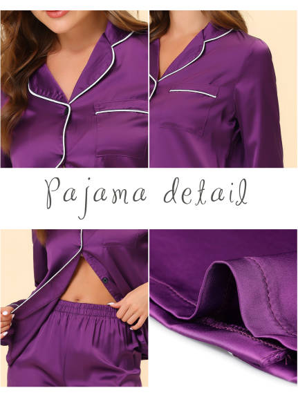 cheibear - Satin Long Sleeves Button Down Pajamas Sets