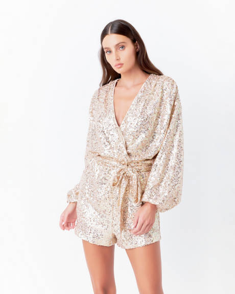 endless rose- Sequins Wrapped Romper with Belt