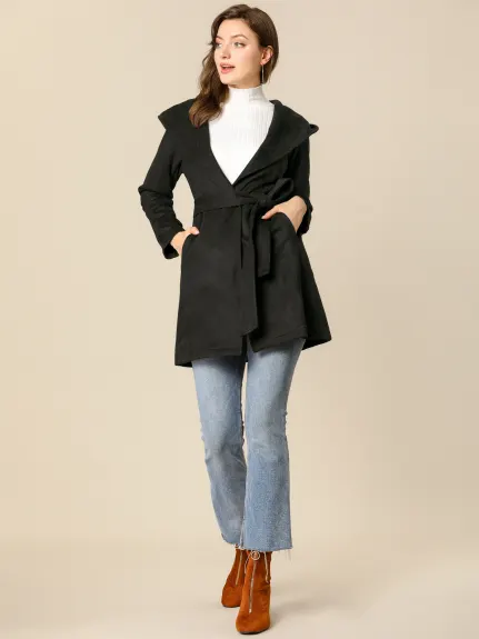 Allegra K- Faux Suede Lapel Hooded Wrap Belted Trench Coat