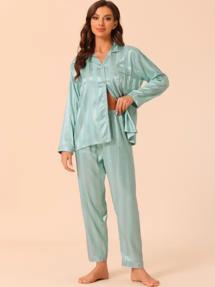 cheibear - Satin Lounge Stripe Button Down Pajama Set