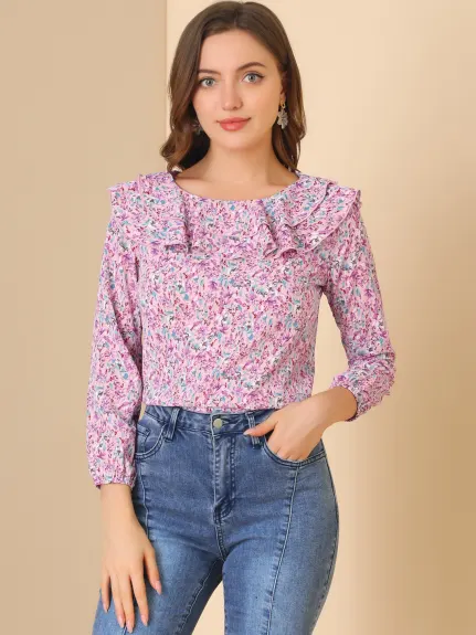 Allegra K - Long Sleeves Ruffle Round Neck Floral Blouse