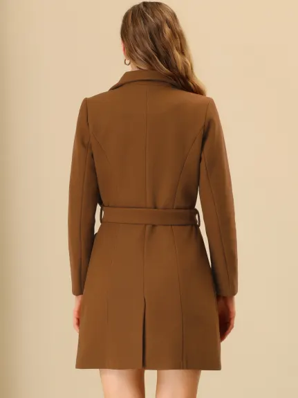 Allegra K- Notched Lapel Belted Wrap Coat with Pockets