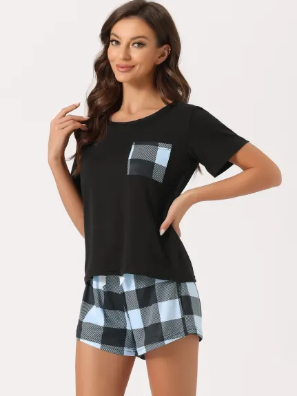 cheibear - T-Shirt with Shorts Plaid Pajama Set
