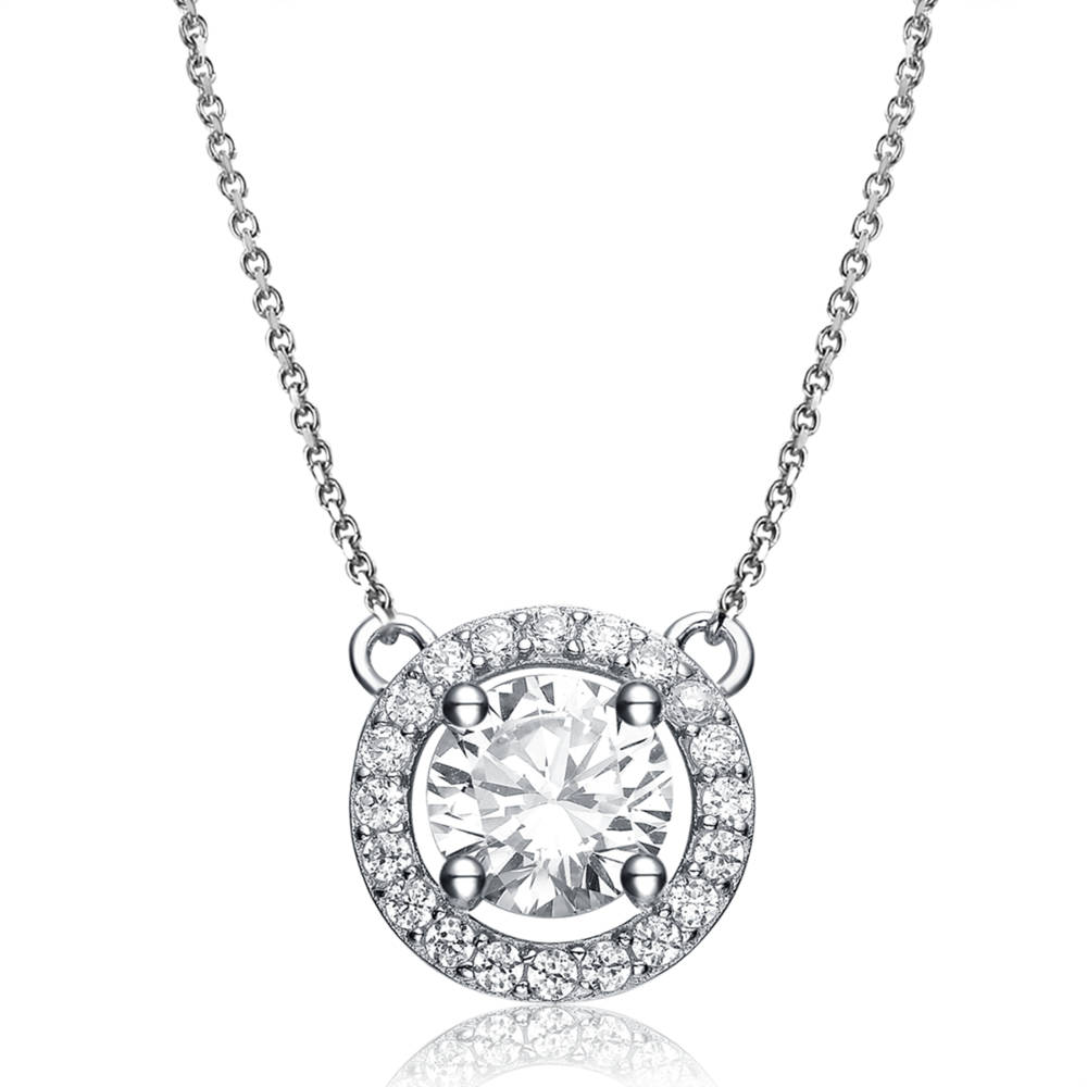 Genevive Sterling Silver White Gold Plated with Clear Round Cubic Zirconia Pendant Necklace