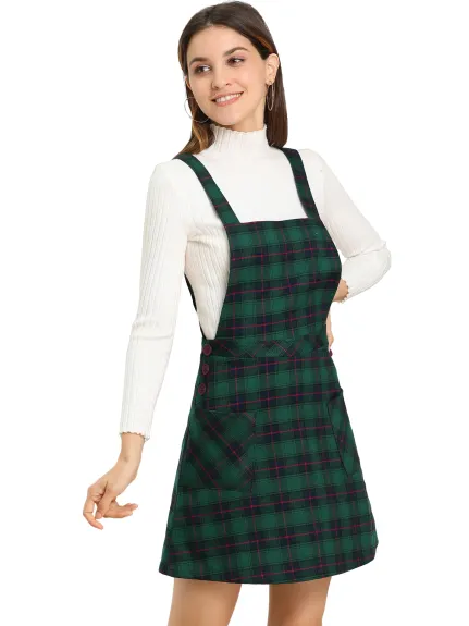 Allegra K- Plaid Tartan A-Line Pinafore Overall Dress