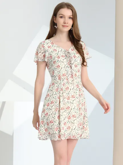 Allegra K- Floral V Neck Zipper Chiffon Dress