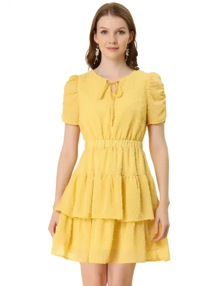 Allegra K- Swiss Dots Ruched Short Sleeve Layer Ruffle Hem Dress