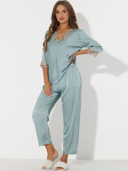 cheibear - Lace Trim Tops Long Pants Pajama Sets