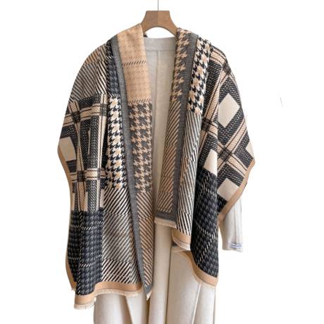 Beige & Black Striped and Houndstooth Patterned Scarf - Don't AsK