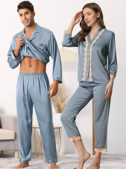 cheibear - Lace Trim Satin Button Sleepwear Sets